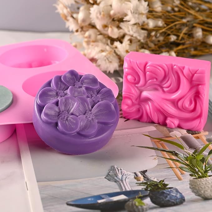 Sakolla 2 Pack Silicone Soap Molds, 4 Cavities Rectangle Wave and Round Flower Silicone Molds for Handmade Soap, Candle and Mousse Cake