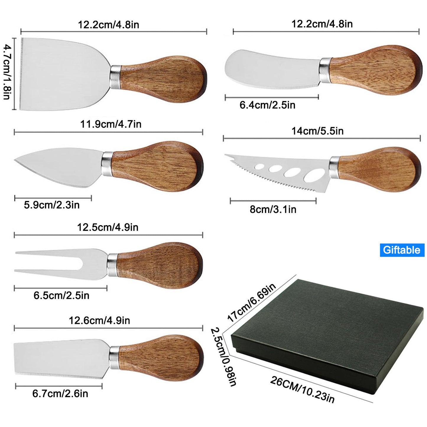 GXIQYL 6 Pieces Cheese Knife, Cheese Knives Cheese Board Charcuterie Knife Set Cheese Tools Spreading Knife, Wooden Handle Stainless Steel Slicer Gift Set