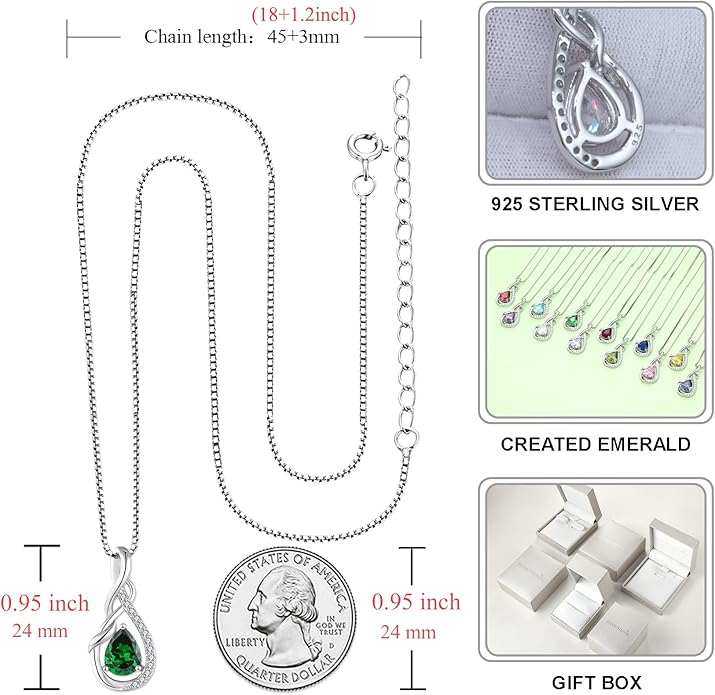 STARCHENIE 925 Sterling Silver Necklace Dangle Earrings for Women Infinity Twisted Teardrop Pendant May Birthstone Created Emerald Jewelry Set