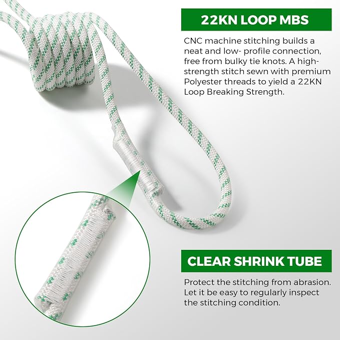 10mm Nylon Prusik Cord Pre-Sewn 24in Prusik Loop，22kN (4950lb) Sewn Eye-to-Eye Utility Cord for Arborist Tree Work, Rescue, Rappelling & Aerial Operations