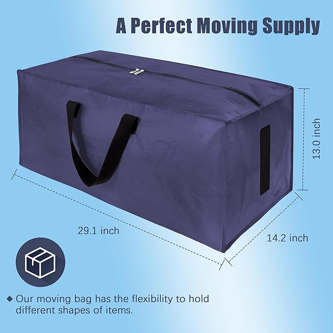 8 Pack Large Strong Moving Bags with Zippers & Carrying Handles - Water-Resistant - Heavy Duty Storage Tote for Space Saving, Fold Flat, Alternative to Moving Box (Blue)