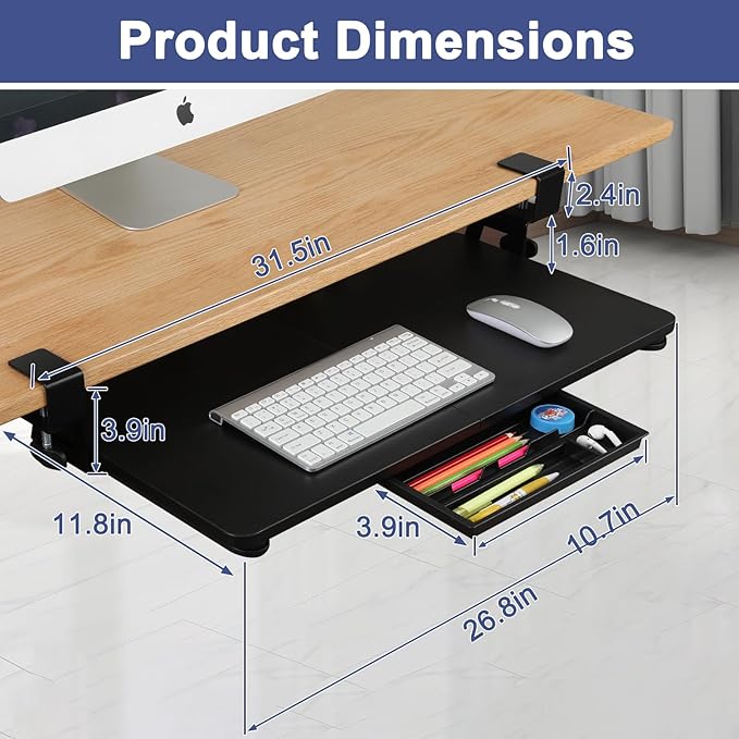 Desktop Keyboard Tray, Pull-Out Under The Table, 26.77 "X 11.81" Large-Sized Keyboard Tray, C-Shaped Lip Holder, Easy to Install, Suitable for Home Learning and Office Use(Black)