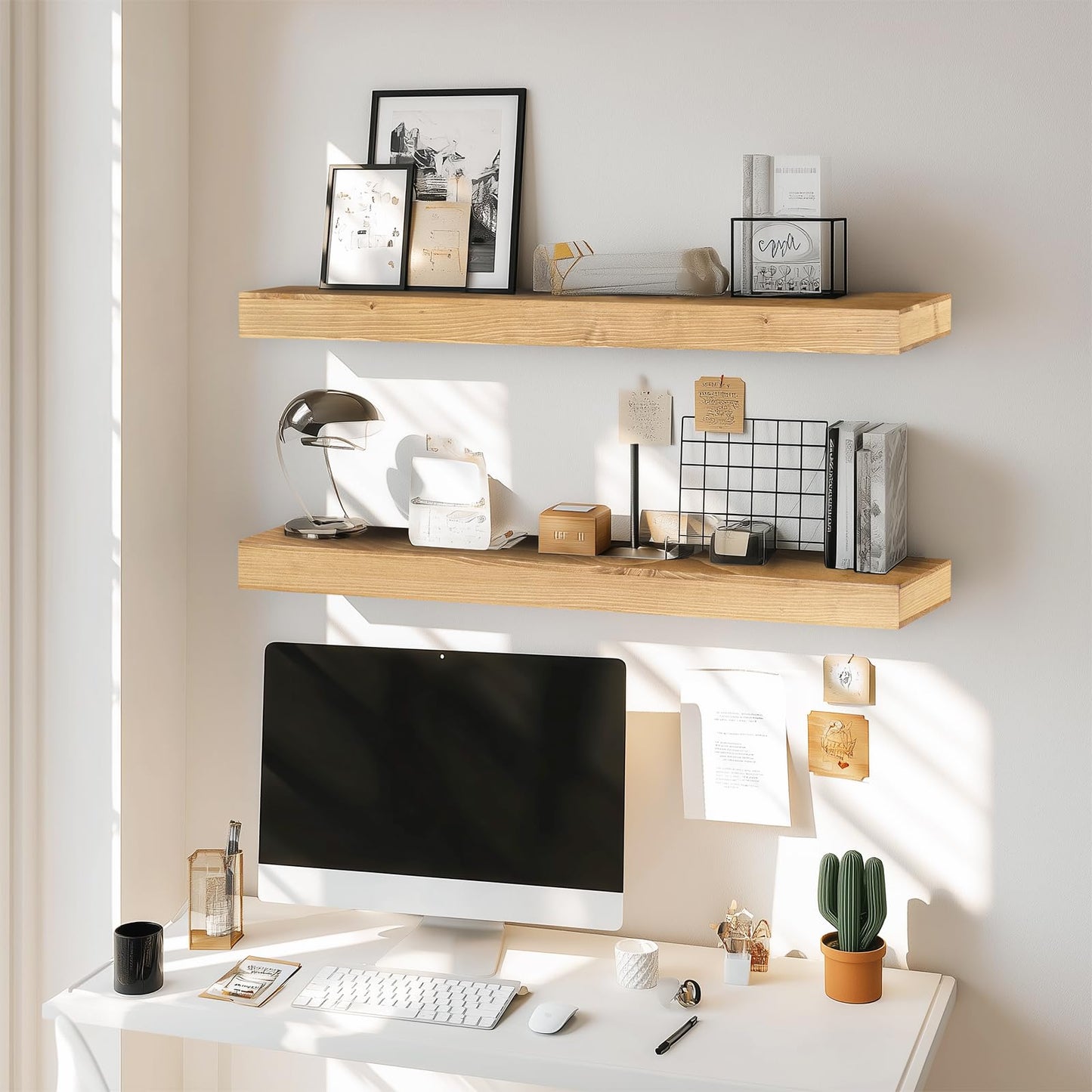 YLYHSST 36x6.8x2 Inch Rustic Floating Shelves for Wall Set of 2 - Oak Solid Wood Wall Mounted Shelves with Invisible Bracket, Extended Design for Farmhouse Living Room Bedroom Kitchen Decor
