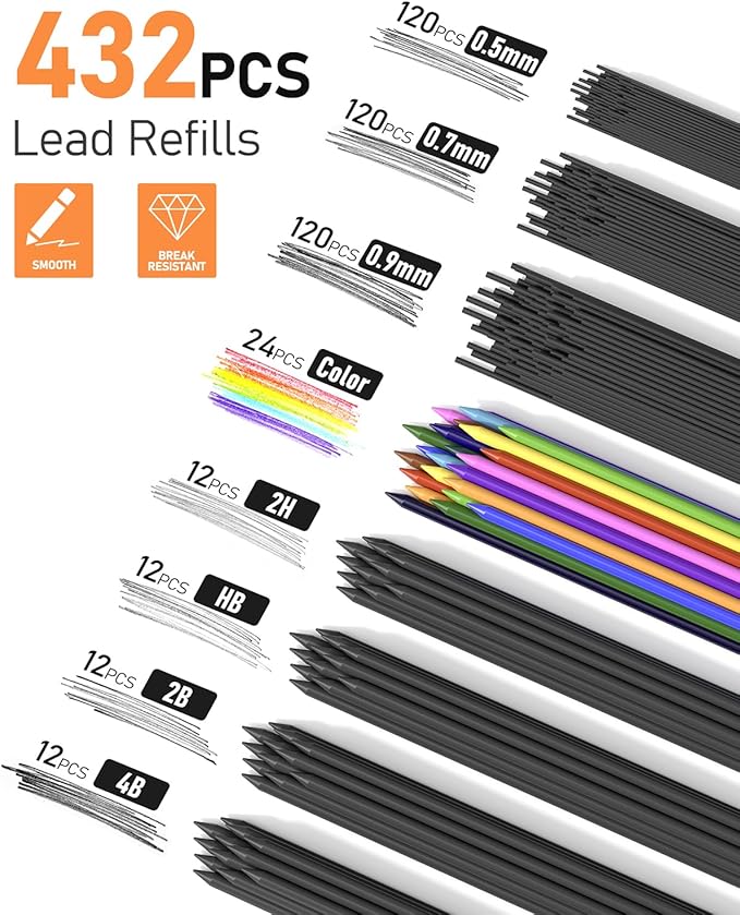 Four Candies 25PCS Art Mechanical Pencil Set with Case, 3PCS Metal Artist Lead Pencil 0.5, 0.7, 0.9 mm & 3PCS 2mm Holder (HB 2H 2B 4B Color) with 432PCS Graphite Lead Refills for Drawing Sketching