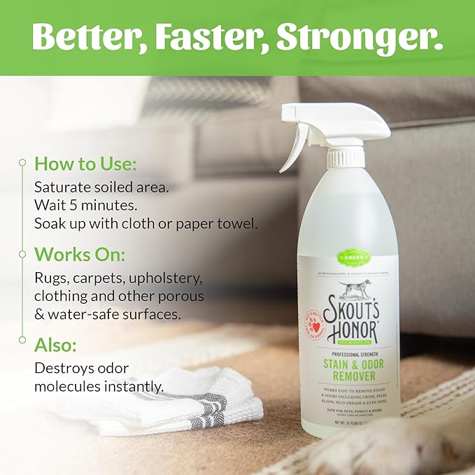 SKOUT'S HONOR Pet Stain and Odor Remover - Powerful Cleaner for Dog Urine, sweat, and other messes, Destroys and Removes Odor and Stain Molecules, Eco-Friendly Formula for Carpets and Home, 35oz