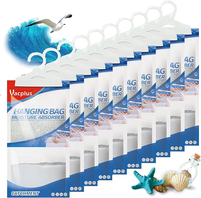 Vacplus Moisture Absorbers, Hanging Closet Dehumidifier Bags, Humidity Packs, Desiccant, Closet Dehumidifiers with Ocean Breeze Fragrance, 10 Pack, 9.8 OZ