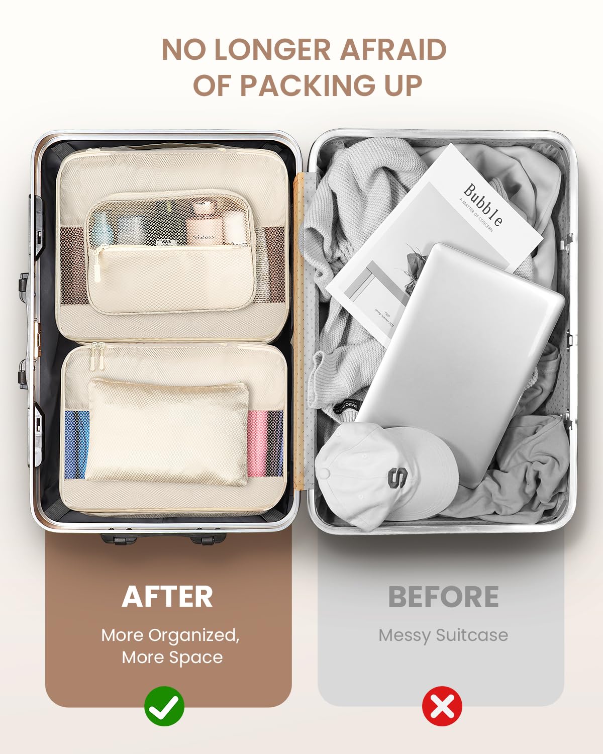 8 Set Packing Cubes, Travel Essentials for Carry on Luggage, Suitcase Organizer Bags Set for Travel Accessories in 4 Sizes(Extra Large, Large, Medium, Small)，Cream
