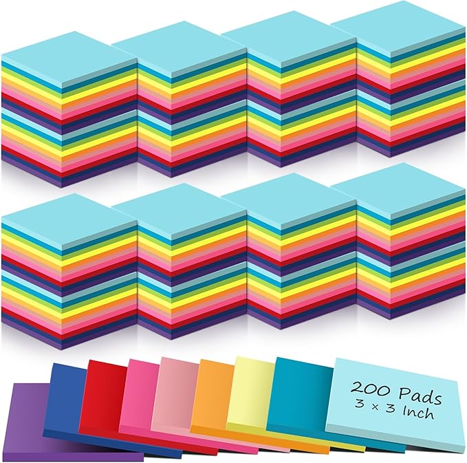 Zubebe 200 Pads Sticky Notes Bulk, Bright Colors Notepads Self Stick Note Square Memo Post Sticky for Office School, 45 Sheets/pad(3 × 3 Inch)