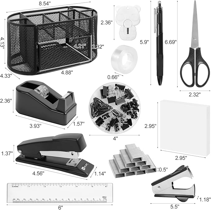 Office Supplies for Desk,14pcs Black Desk Sets and Accessories, Office Supply Kit with Mesh Desktop Organizer and Stapler,Staple Remover, Staples,Tape Dispenser,Sticky Tabs,Scissors, Ruler