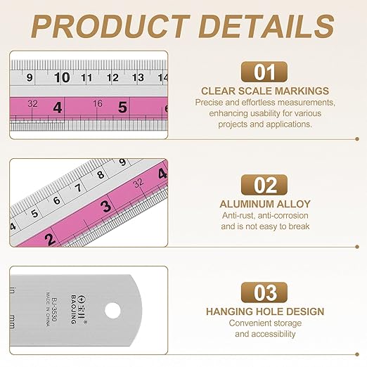 HARFINGTON 6pcs Metal Straight Ruler 15cm Metric SAE Aluminum Alloy Measuring Rulers Scale Tools with Hole for Measure Study Reading Classroom Office, Pink
