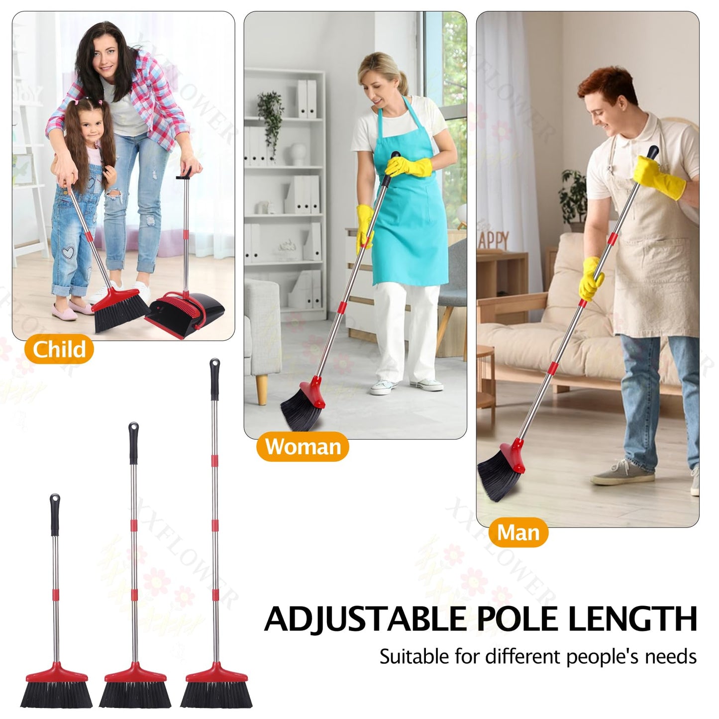 XXFLOWER Broom and Dustpan Set with Long Handle, Light Weight Stainless Steel Poles Stand Upright Dustpans with Broom Combo for Home Kitchen Office Pet Dog Hair, Black & Red Color, 1-Pack