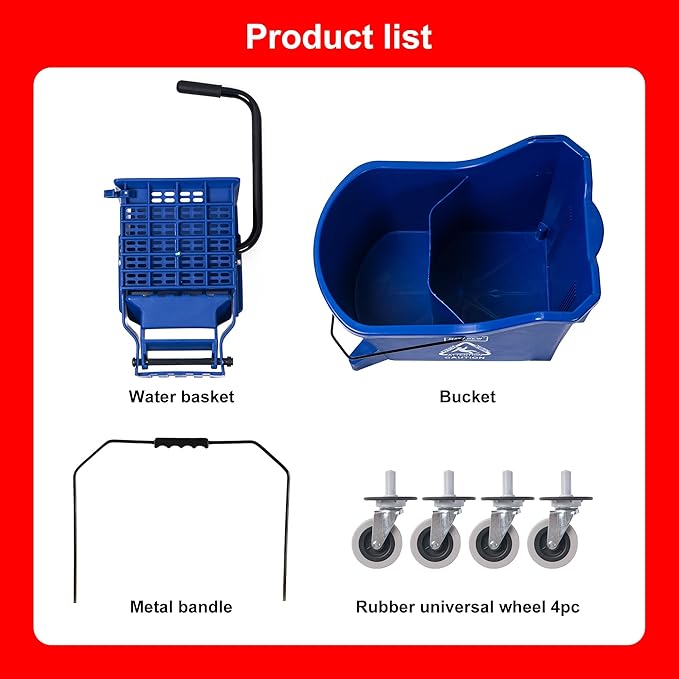 Matthew Cleaning Blue 44Quart Commercial Mop Bucket INCL.Wet String Mop& 19'' Industrial Wet Floor Sign with Side Press Wringer On Wheels,Tandem Portable Floor Cleaning Wavebrake,Ideal for Household