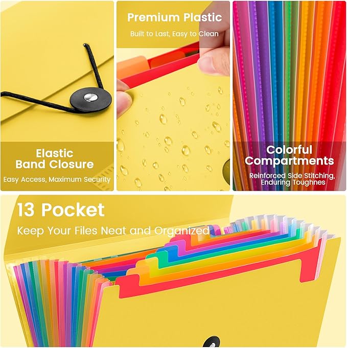 13 Pocket Accordion File Organizer with Elastic Closure, Expanding File Folder for Letter Size A4 Papers, Ideal for Home, Office Supplies, College Essentials - Yellow