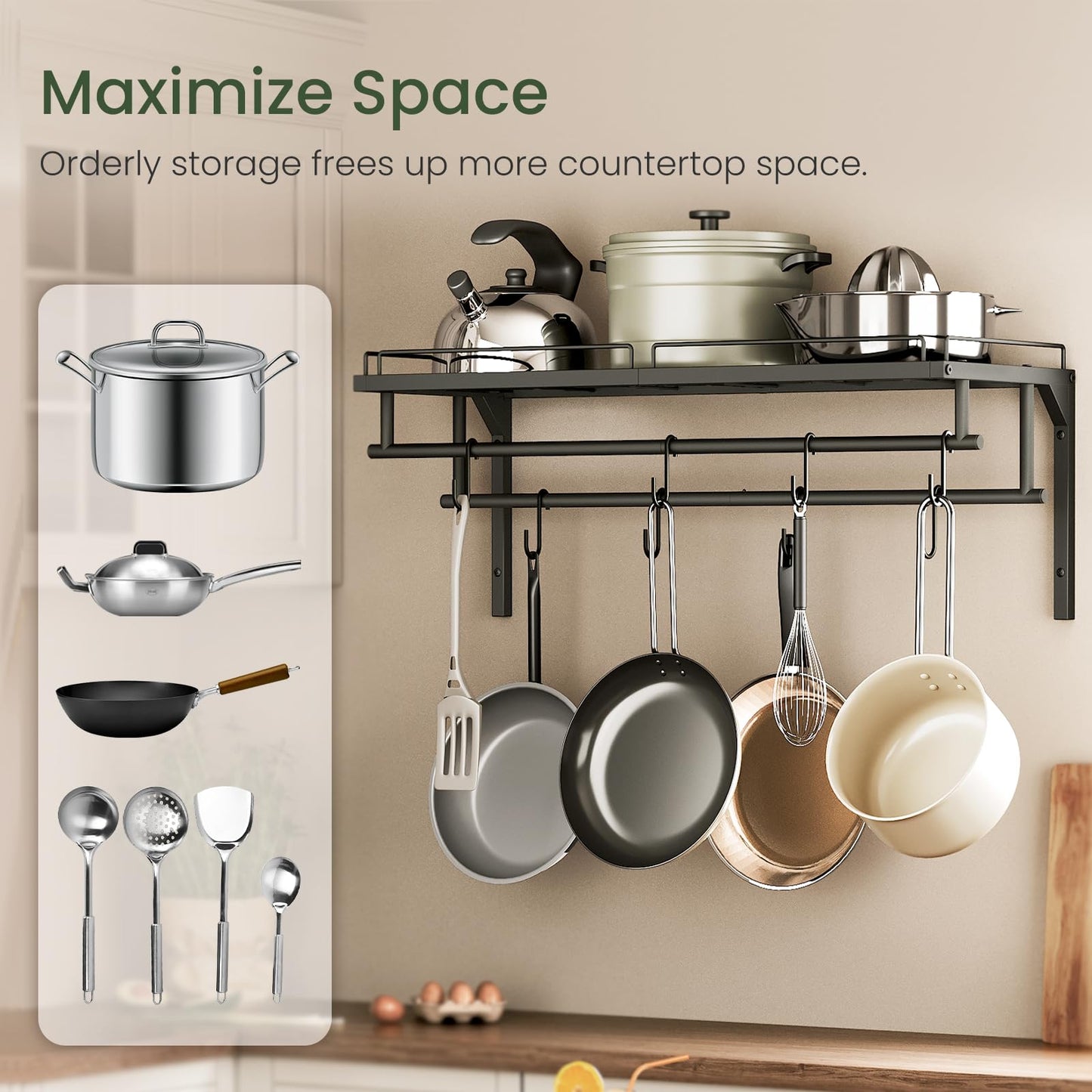 CHOEZON Hanging Pot Rack, Wall-Mounted Pot Rack, Kitchen Cookware Organizer, Metal Pot and pan Organizer Holder, for Cookware, Utensils Organization, Black TPR38BB