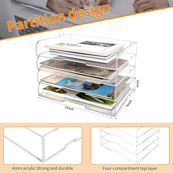 4 Pack- Stackable Paper Letter Tray,Clear Acrylic Magazine Holder and File Organizer - Sleek Desk Organizer for Home Office, Bookshelf, or Workspace - Space-Saving Transparent Document Holder
