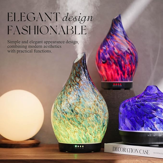 Porseme 280ml Essential Oil Diffuser Glass Color Changing Aroma Air Diffusers Aromatherapy Ultrasonic Cool Mist Humidifier 7 Running Hours Waterless Auto-Off for Sleeping, Yoga, Office (Deep Blue)
