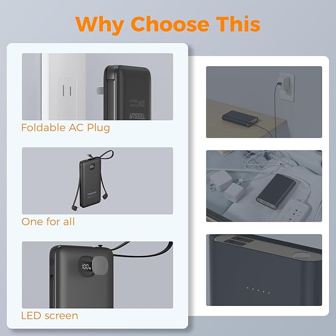 TESSAN Portable Charger with Built in Cables, 10000mAh Power Bank Fast Charging with Foldable AC Plug, 20W Compact Battery Pack Travel Essentials for iPhone 16/15 Series, Samsung, Tablets, Black