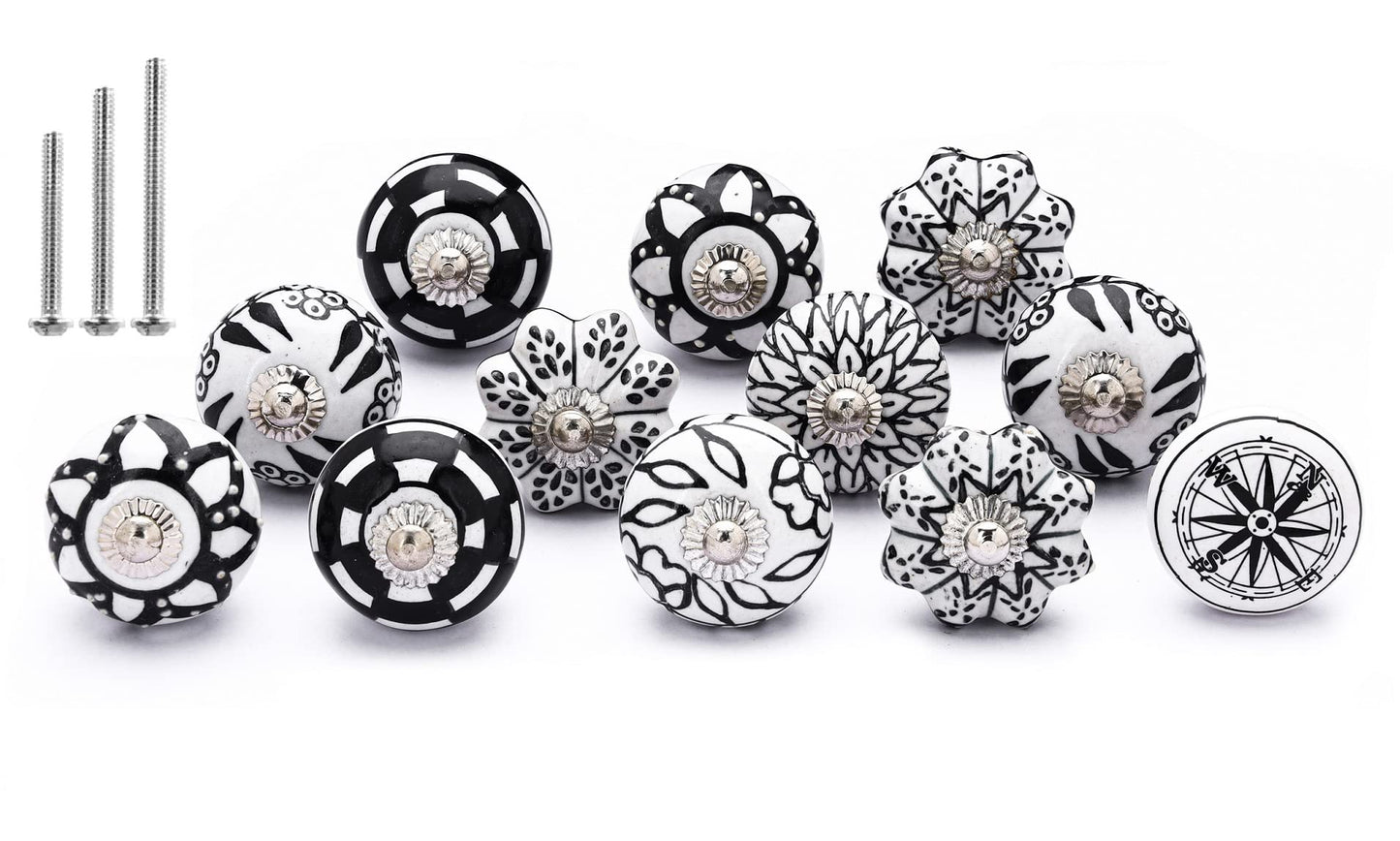 NAQSH Ceramic Cabinet Knobs Kitchen Drawer Knob Handpainted Cupboard Door & Drawers Pulls (Black & White, 12)
