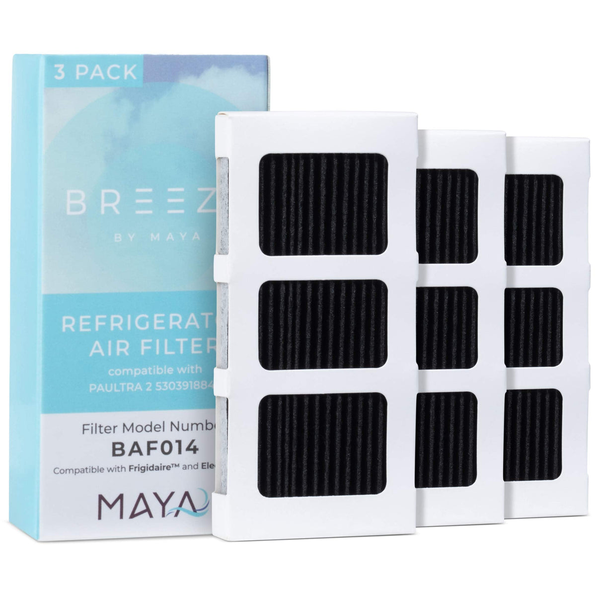 Breeze by MAYA Paultra2 Refrigerator Air Filter Replacement for Frigidaire, Pureair Ultra 2, Pure Air Ultra 2, Electrolux 242047805, 5303918847, EAP12364179 (3 Pack) Air filter by MAYA