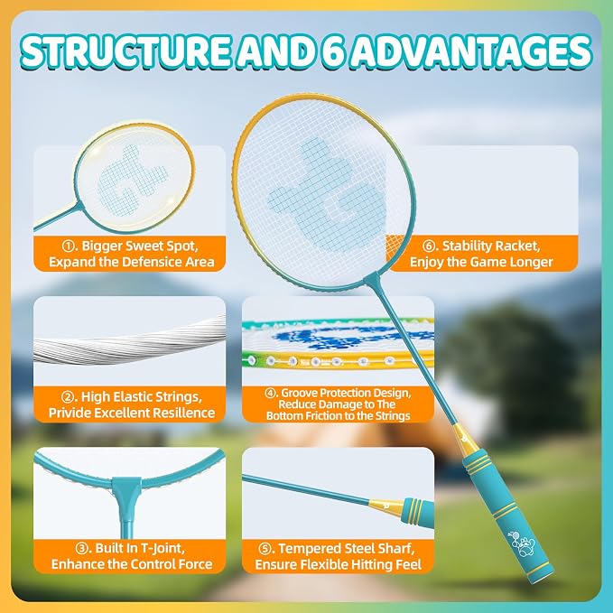 Badminton Rackets Set of 4 for Outdoor Backyard Games,Including 4 Rackets, 6 Nylon Shuttlecocks, 4 Replacement Grip Tapes and 1 Carrying Bag, Lightweight Badminton Racquets for Kids Adults Beginners