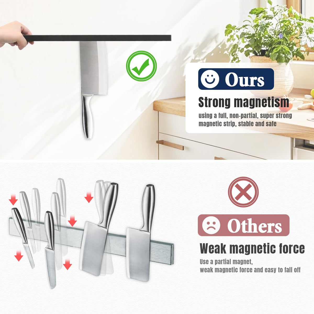 Dmore magnetic knife holder for wall—with 5 hooks, No Drilling 12 Inch black knife magnetic strip, Extra Strong Magnet knife rack, include Adhesive Tape and screws for Knives and Tools