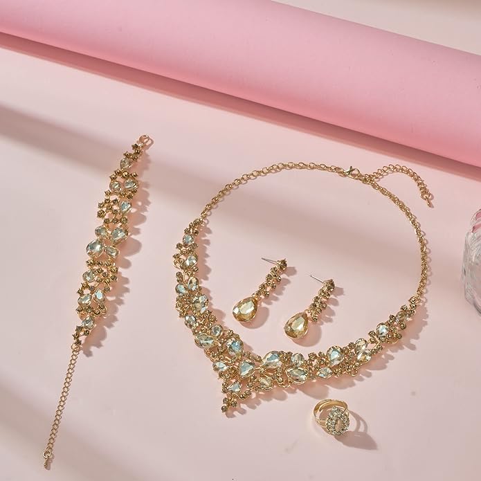 Crystal Bridal Wedding Jewelry Sets for Women Rhinestone Teardrop Crystal Statement Choker Necklace Drop Earrings Link Bracelets Rings Teardrop Jewelry Set for Brides Bridesmaids