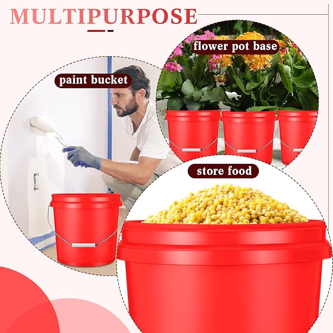 6 Pack 2 Gallon Plastic Bucket with Lid Heavy Duty Pail with Metal Handle Reusable Small Multipurpose Paint Buckets Container for Food Storage(Red)