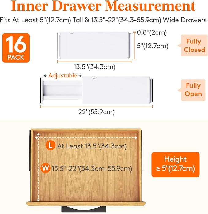 Lifewit 16 Pack Drawer Dividers 5" High, 13.5-22" Adjustable Clothes Organizers, Expandable Dresser Separators in Bedroom/Bathroom/Kitchen/Office