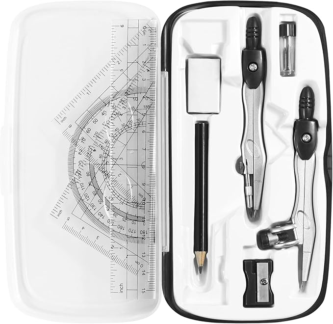 Math Geometry Kit Sets 10 Piece Student Supplies with Shatterproof Storage Box,Includes Rulers,Protractor,Compass,Eraser,Pencil Sharpener,Lead Refills,Pencil,for Drafting（Black）