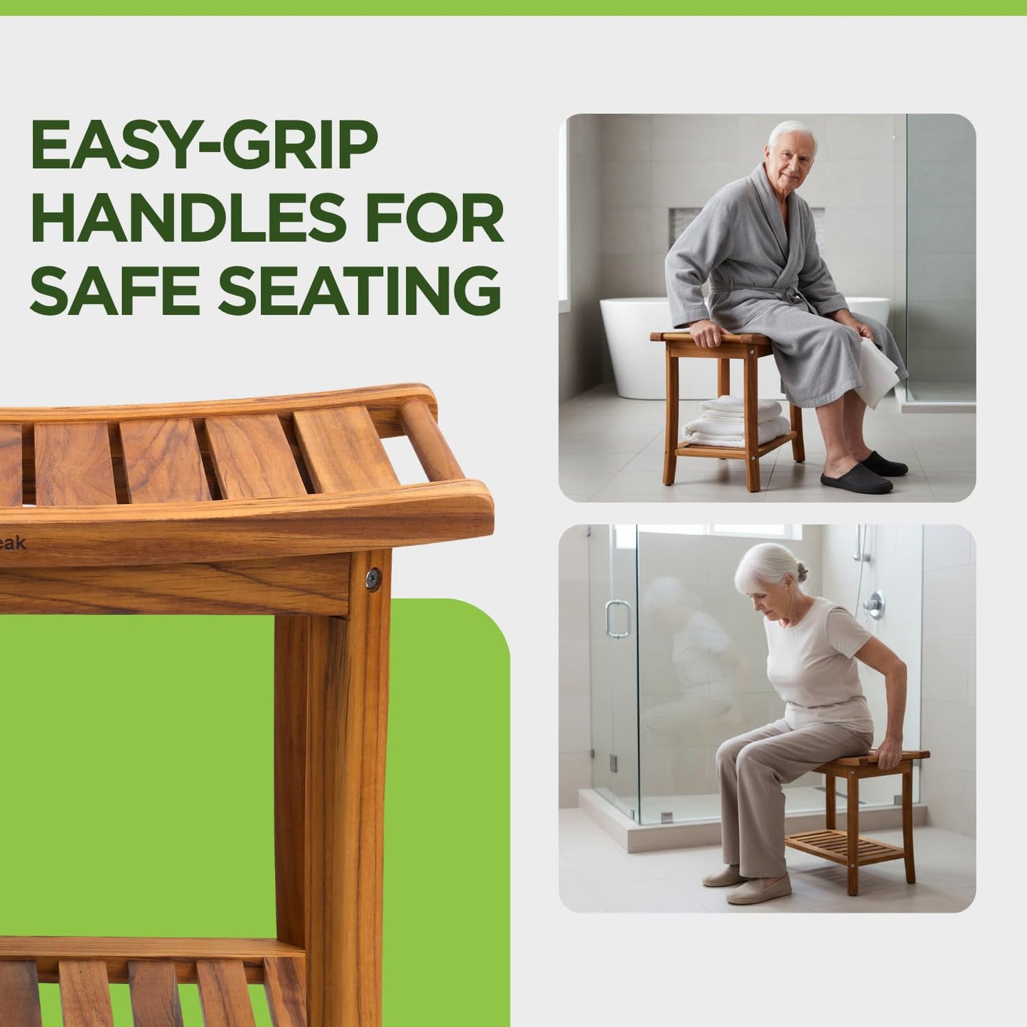 GREENTEAK Premium 22" Teak Wood Shower Bench with Shelf, 2-Tier Waterproof Teak Shower Stool, Non-Slip Feet for Enhanced Safety, Spa Bath Seat for Bathroom, Indoor & Outdoor Use, 300 lb Capacity
