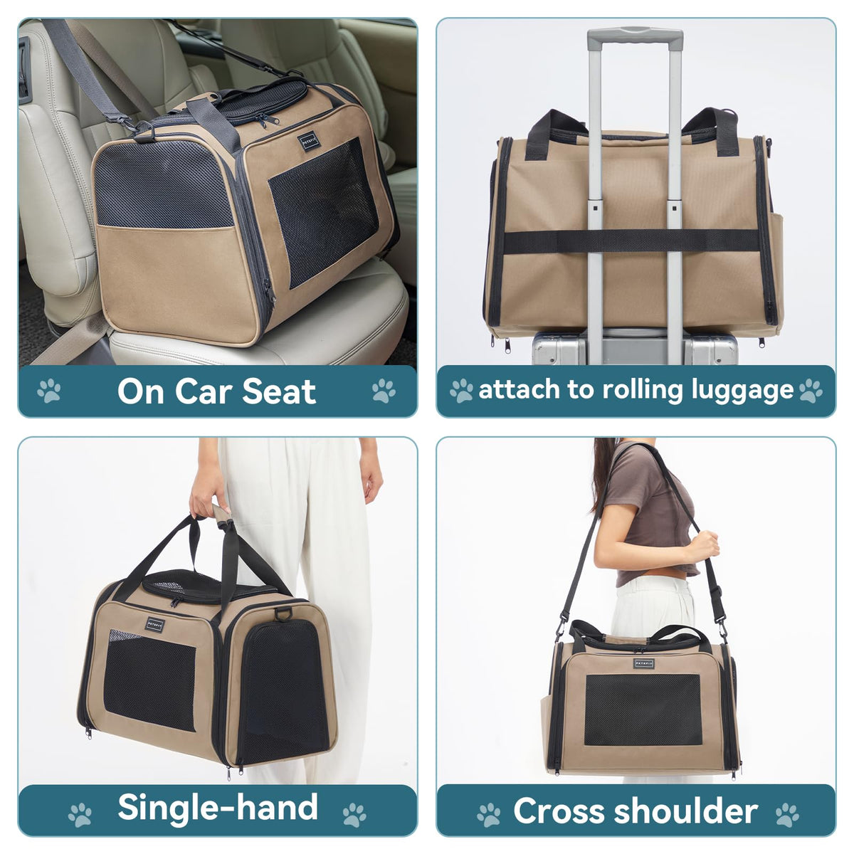 PETSFIT Dog Carrier Cat Carriers for Puppies, Medium Cats up to 25Lbs, Travel Soft Sided Pet Carrier (Large, Khaki)