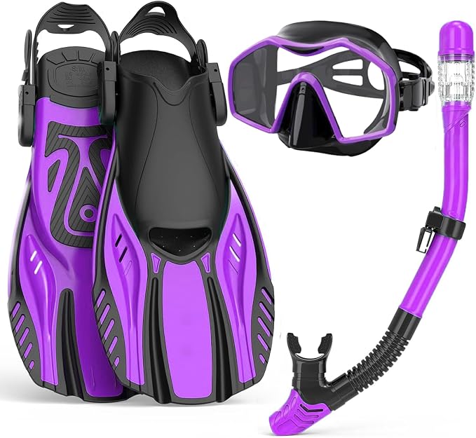 Snorkeling Gear for Adults,Mask Fins Snorkel Set,Panoramic View Diving Mask Anti-Fog,Dry Snorkel,Adjustable Swim Flippers and Travel Bag,Adults Snorkel Gear for Swimming Snorkeling Diving