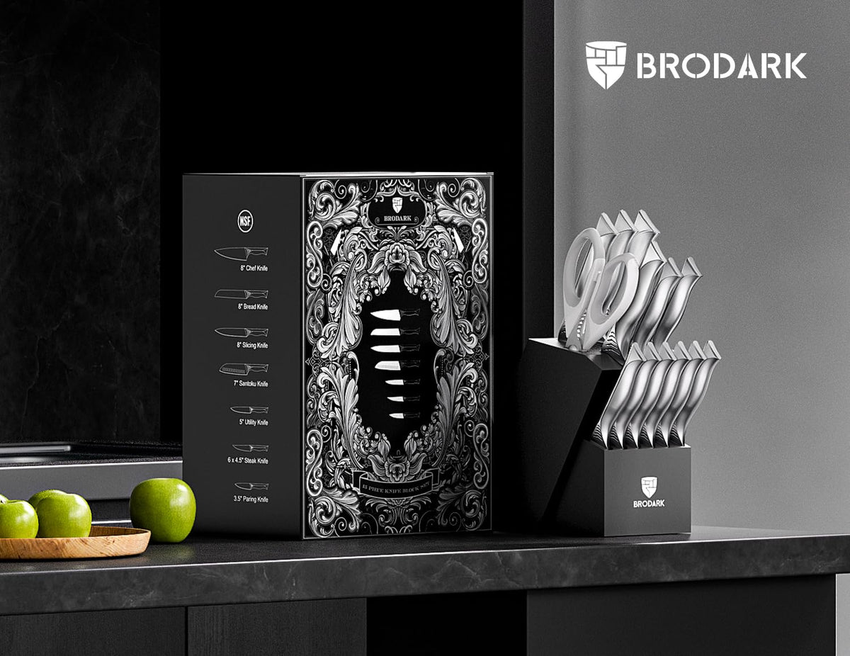 BRODARK Kitchen Knife Set with Block - 15-Piece Knife Block Set with Built-in Sharpener - High Carbon Stainless Steel Kitchen Knives Set for Kitchen - Christmas Gift, Shark Series, Mothers Day
