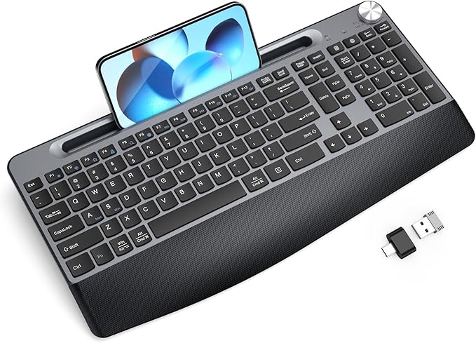 Ergonomic Wireless Keyboard with Wrist Rest-Low-Profile,Phone/Tablet Holder,Quiet Design，Windows & Mac OS，Full Size Cordless USB Computer Keyboard for Desktop,Laptop, PC, Mac, Windows-Black
