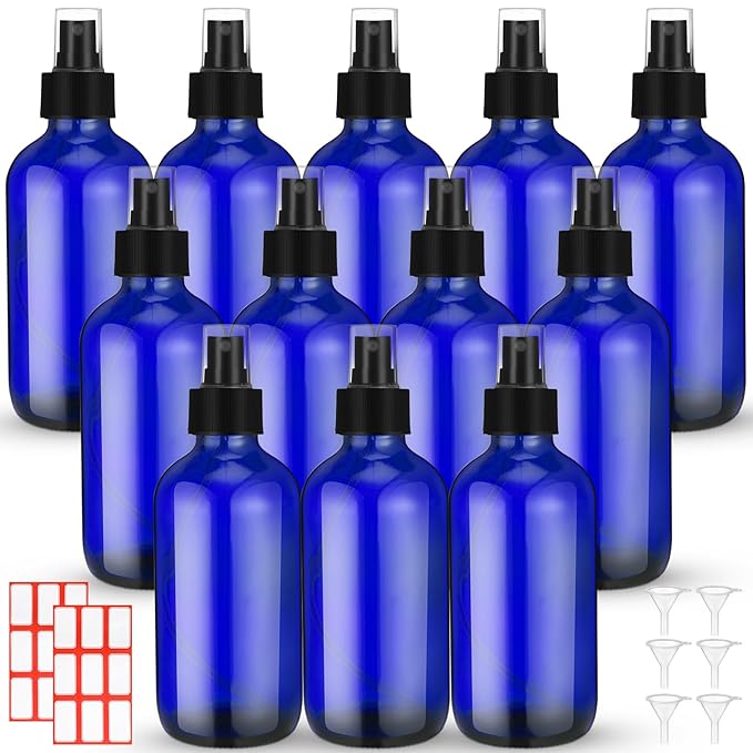 Norme 12 Pcs 8 oz Glass Spray Bottles with Funnels and Labels Refillable Cosmetic Empty Spray Bottles with Sprayer Containers for Essential Oil Cleaning Solutions(Blue,Stylish)