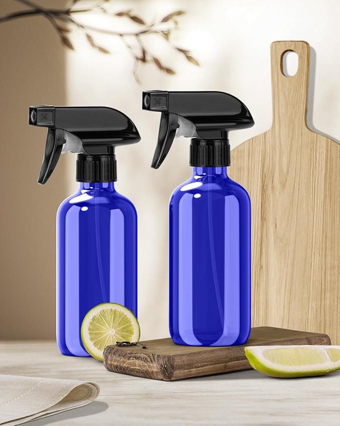 Glass Spray Bottle, Blue Glass Spray Bottle Set & Accessories Refillable for Plants Window Cleaners Aromatherapy Facial Hydration Watering Flowers Hair Care (2 Pack/8 oz) (Blue)