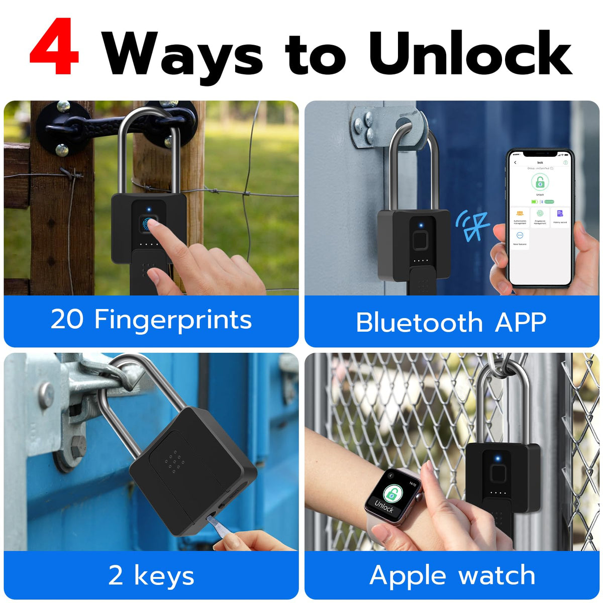 Dhiedas Fingerprint Gate Lock, 2.7'' Long Shackle Heavy Duty Smart Padlock with Key Fingerprint Bluetooth, Waterproof Biometric Keyless Gate Lock for Outdoor Fence Shed Yard Storage Door