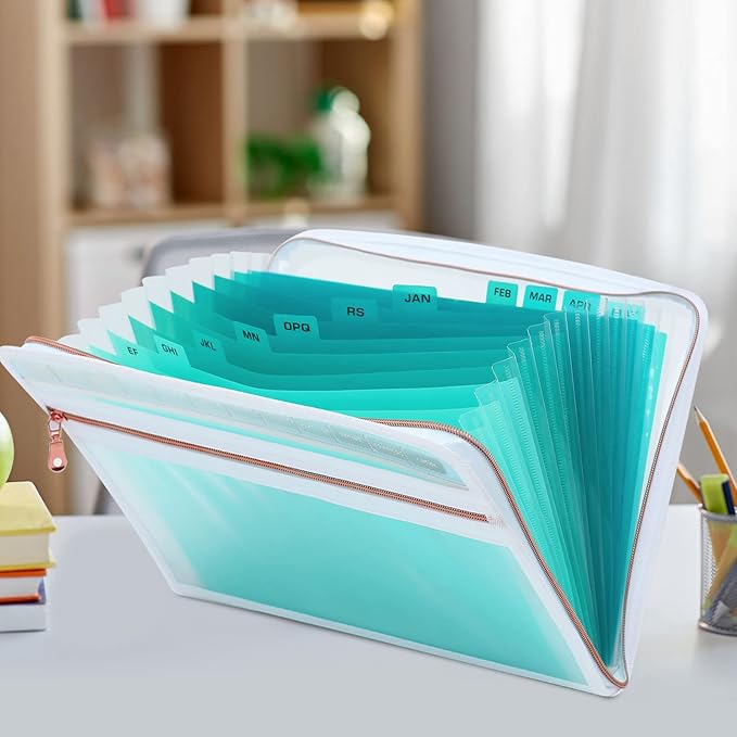 MEGREZ Expanding File Folder with 13 Pockets, 2 Pack A4 Paper File Folder with Zipper Color Labels, Waterproof Accordion File Folder Organizer for Home Office, Green & Pink