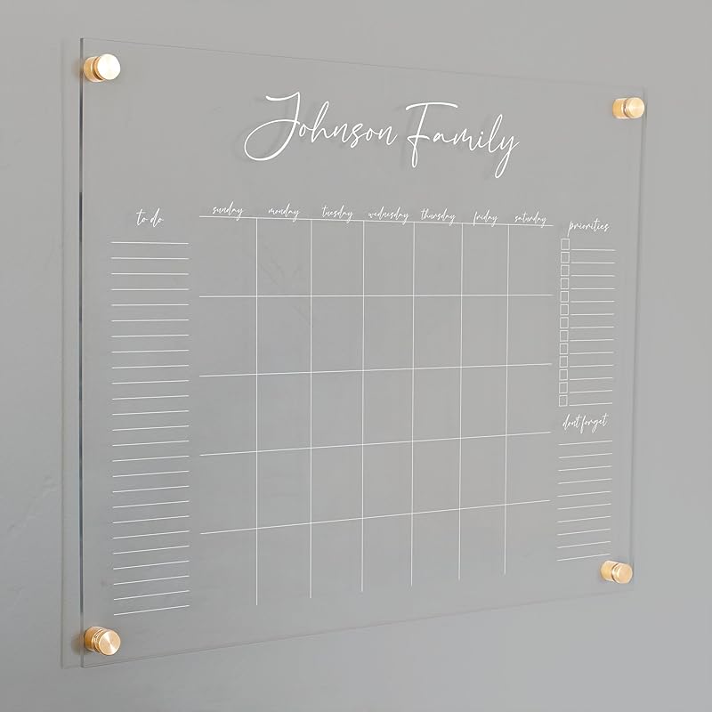 Personalized Clear Acrylic Calendar for Wall, Calendar Whiteboard for Wall, Dry Erase Wall Calendar, Wall Calendar Organizer System for Home (Cursive, White, 23"W x18.5"H)