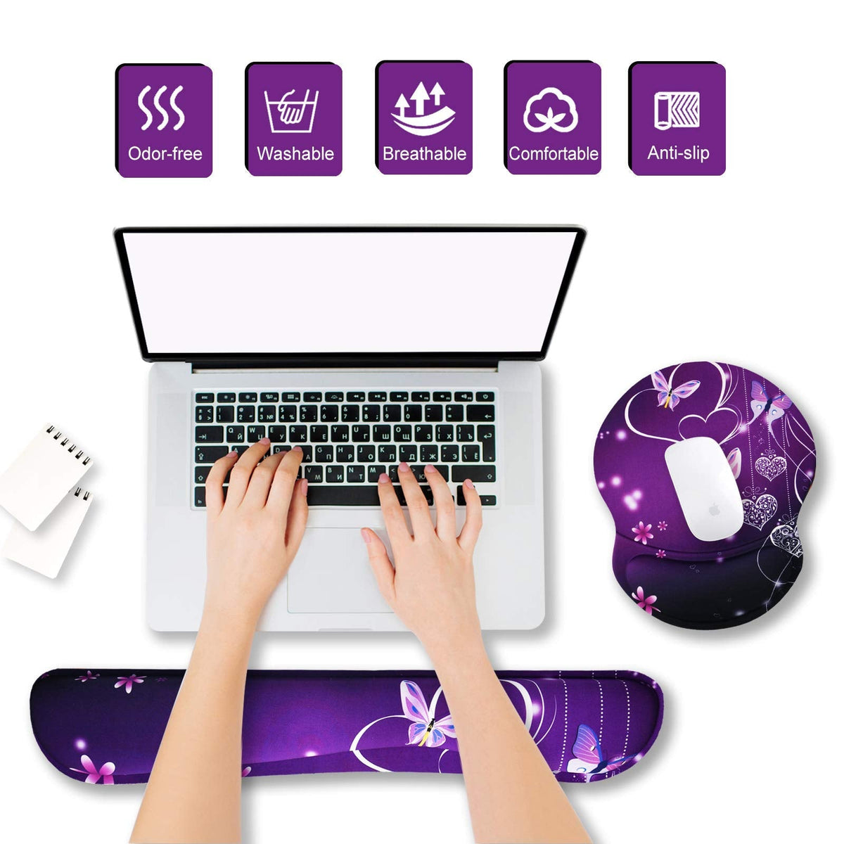 ArtSo Upgraded Wrist Rest Support for Mouse Pad & Keyboard, Ergonomic Gel Mousepad Non-Slip Rubber Base Home,Office Pain Relief, Easy Typing Cushion Neoprene, Soft Memory Foam, Purple Heart Butterfly