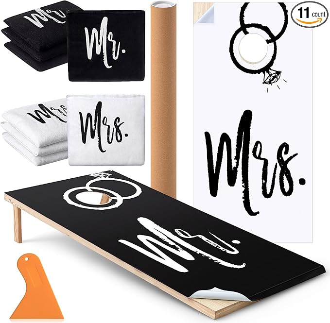11 Pcs Wedding Cornhole Set for Reception, Mr & Mrs Cornhole Game with 8 Bean Bags & Board Wraps, Outdoor Lawn Toss Game for Wedding Party & Bridal Shower(Boards Not Included)
