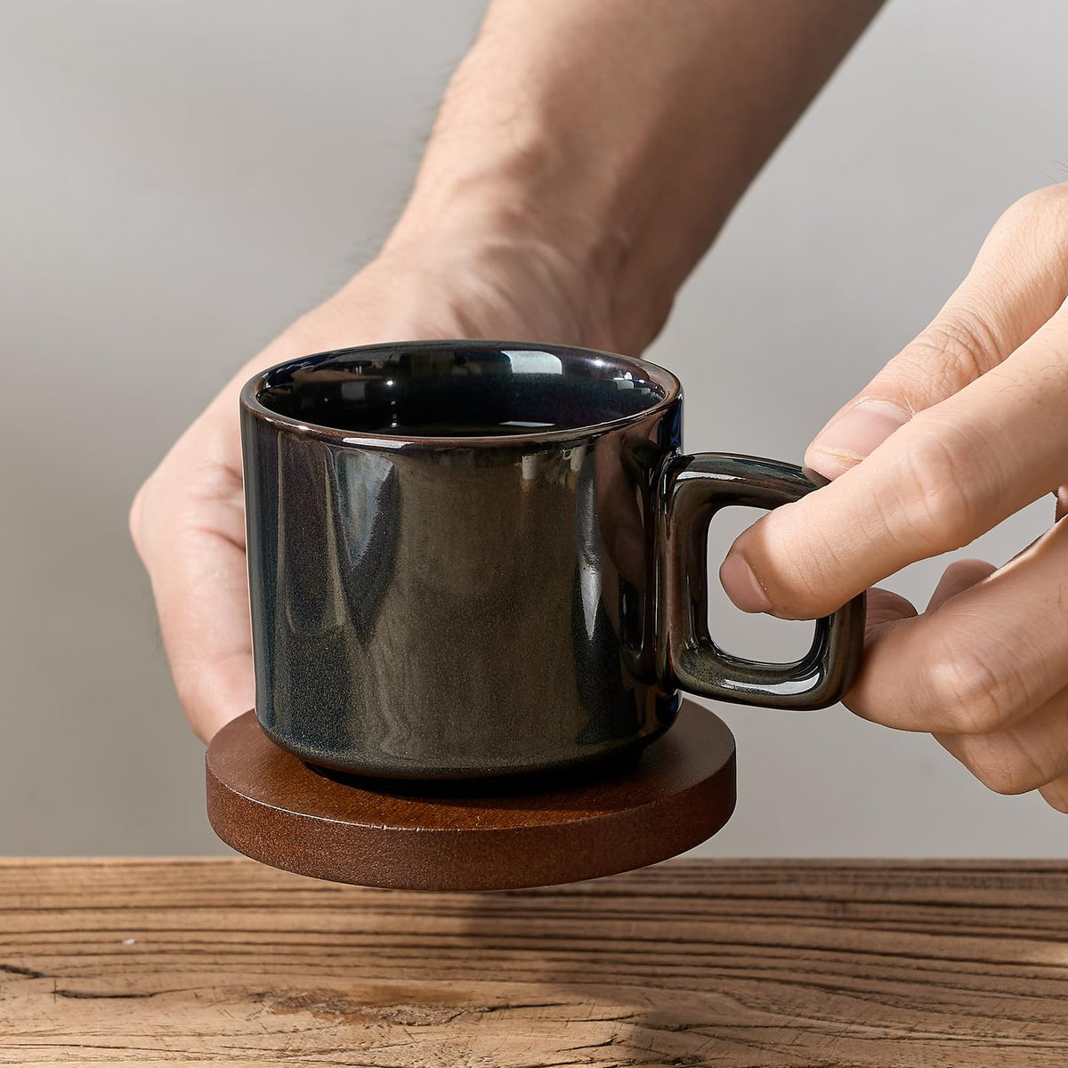LUKA Porcelain Stackable Espresso Cups with Saucers and Metal Stand, 4 Ounce Small Ceramic Demitasse Cups Set for Latte, Specialty Coffee Drinks, Cafe Mocha,Tea - Set of 4, Kiln Tide Glaze