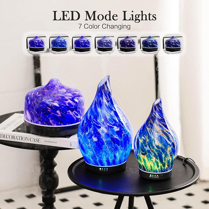 Porseme 500ml Glass Essential Oil Diffuser Aromatherapy Ultrasonic Cool Mist Humidifier 15-21 Running Hours Waterless Auto-Off Air Diffusers for Sleeping Yoga Office Working Spa and Rest (Deep Blue)