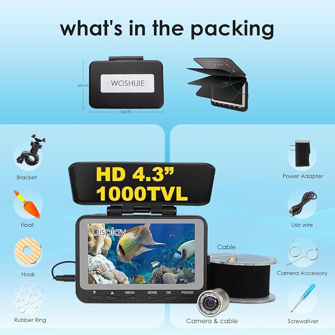 Underwater Fishing Camera, 4.3" HD DVR Portable Fishing Camera 140-Degrees Wide Angle 1200TVL Fish Finder with 8pcs IR Lights for Boat, Lake, Ice Fishing(15M/50ft)