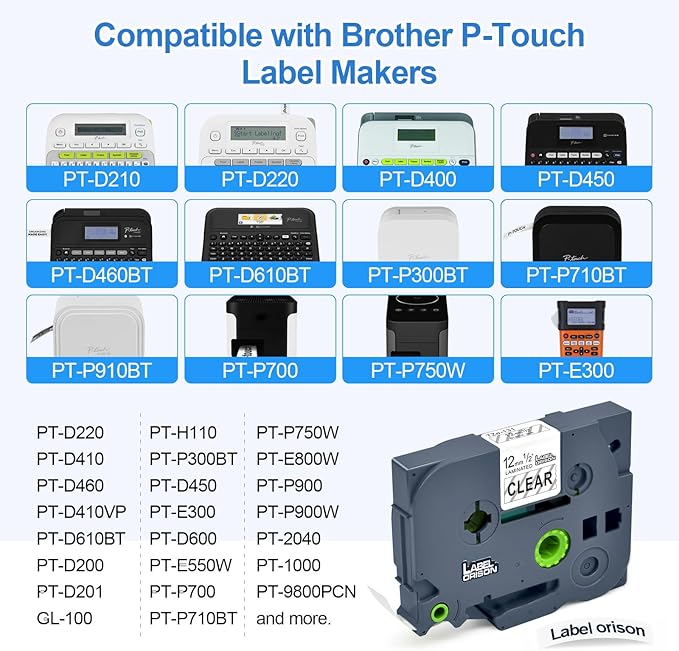 Label Orison TZe-131 Tze Tapes Compatible with Brother P-Touch Label Tape Clear, for Brother Label Maker Tape T-D210 PT-H100 PT-1880, Black on Clear, 1/2''(12mm) x 26.2'(8m), 5PK