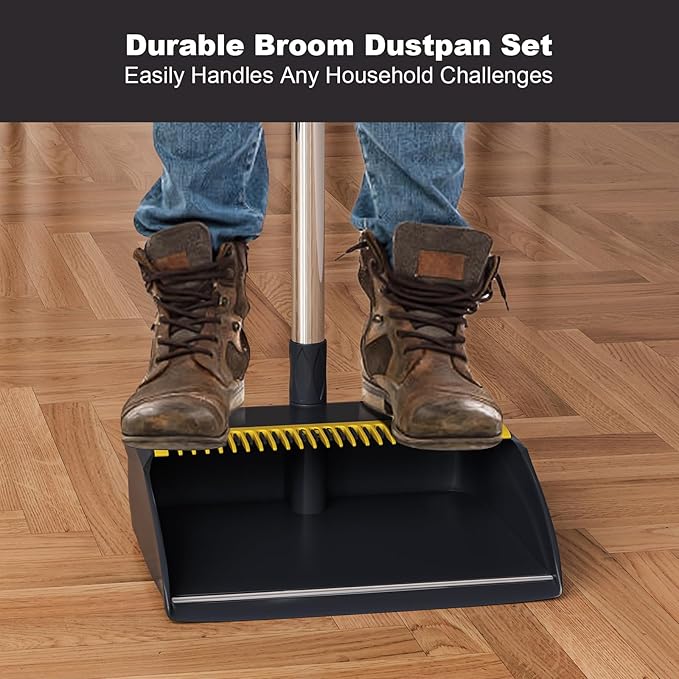 MOPUP Broom and Dustpan Set, 52 inch Long Adjustable Handle Broom with Dustpan Teeth to Self-Cleaning Clean Hair Suitable for Home Kitchen Office