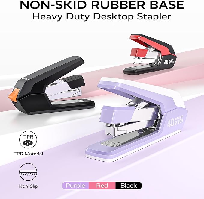Effortless Stapler for Desk with 40-50 Sheet Capacity, 2000 Staples, 1-Touch Stapling, Ergonomic & Easy to Load Desktop Staplers, Heavy Duty Stapler, and Magnetic Staple Remover, Red