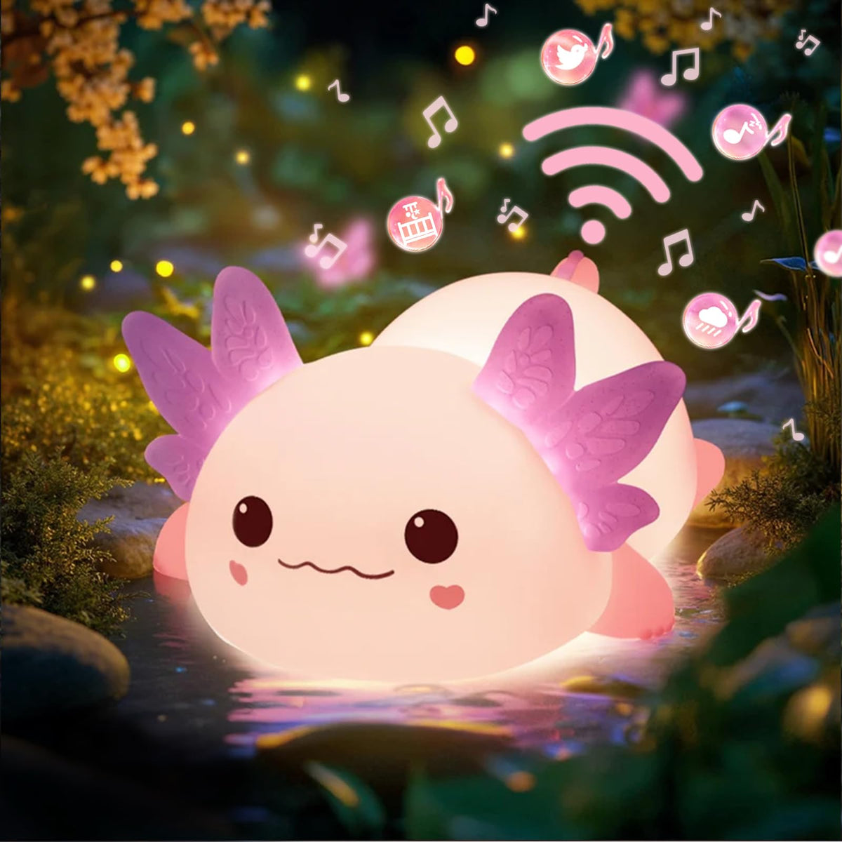 Huggwaii Squishy Axolotl Night Light for Kids, 4 Soothing White Noise Sounds, Dimmable Silicone Axolotl Toddler Lamp, 2025 Upgraded Rechargeable Nightlight, 9H Battery, Baby & Girl Room Decor Gifts