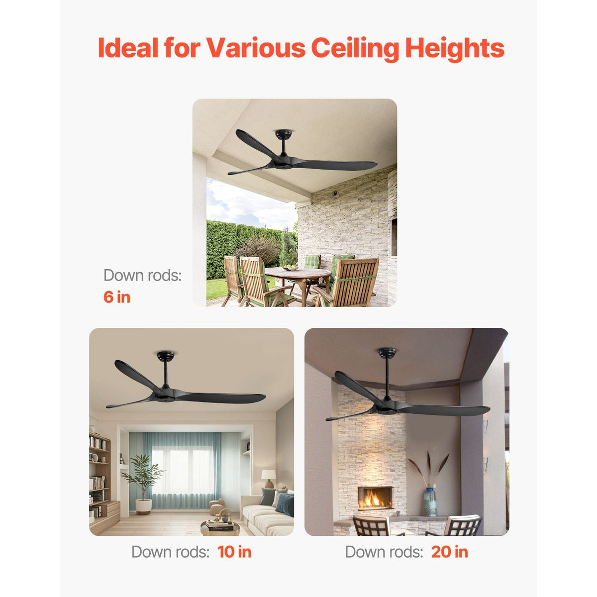 72 Inch Ceiling Fan without Light, 6-Speed Remote Control, 3-Wood-Blade, Reversible DC Motor, Modern Low Profile Flush Mount Exterior Fan for Bedroom, Living Room, Patio, Indoor/Outdoor, Black
