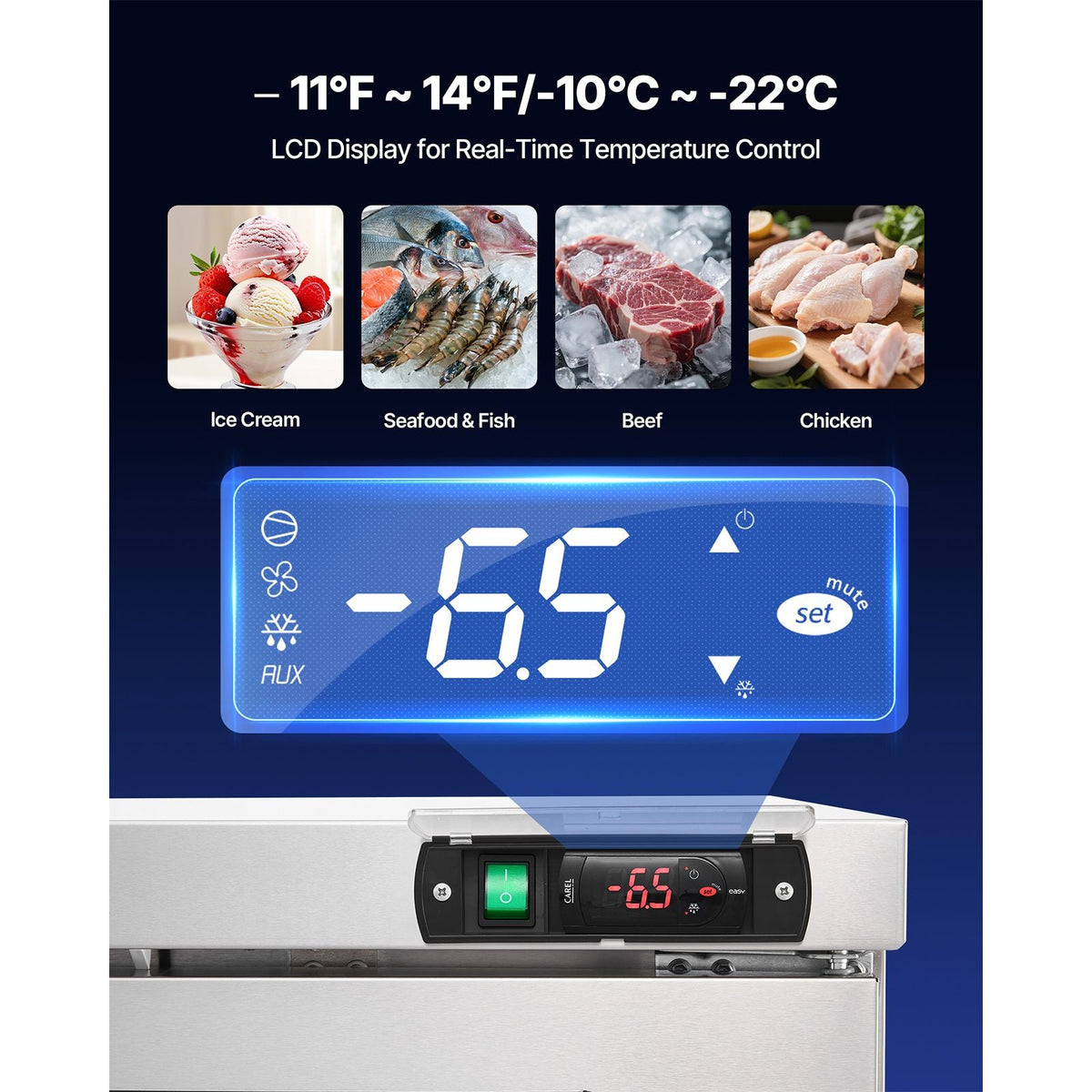 72" W Commercial Freezer, 17.7 Cu.Ft Worktop Freezers Undercounter with LED Auto Lighting and Lockable Door, 3 Doors Food Freezing Prep Worktable, Stainless Steel Prep Frozen Table with Casters